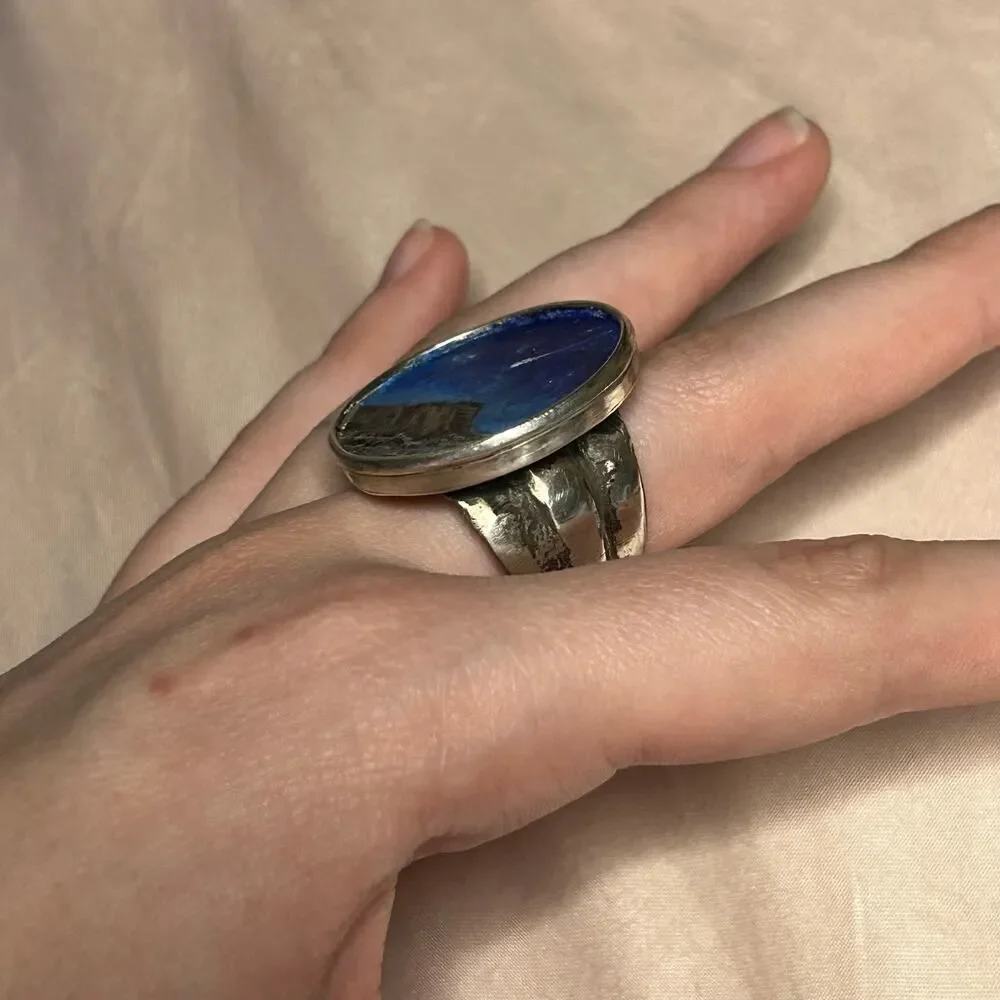 Handmade Victoria Carlson Sterling Silver Landscape Painting Statement Ring‎ 8.5